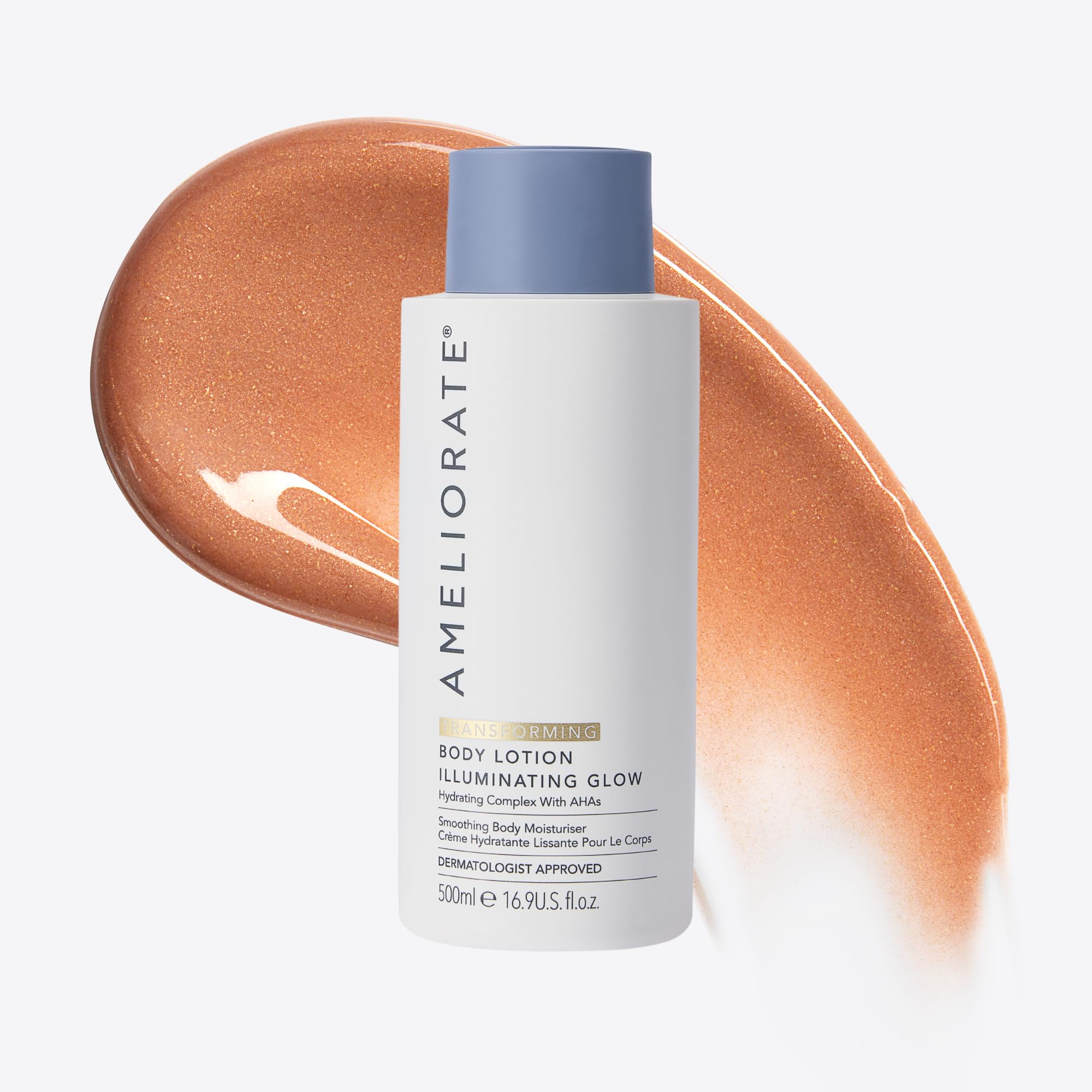 AMELIORATE Transforming Tinted Body Lotion Glow 500ml Keratosis Pilaris KP | Daily Moisturiser, Lactic Acid AHA, Strawberry Skin, Helps Remove Dead Skin Cells, Smoothes Bumps & Ingrown Hairs, Rough Dry