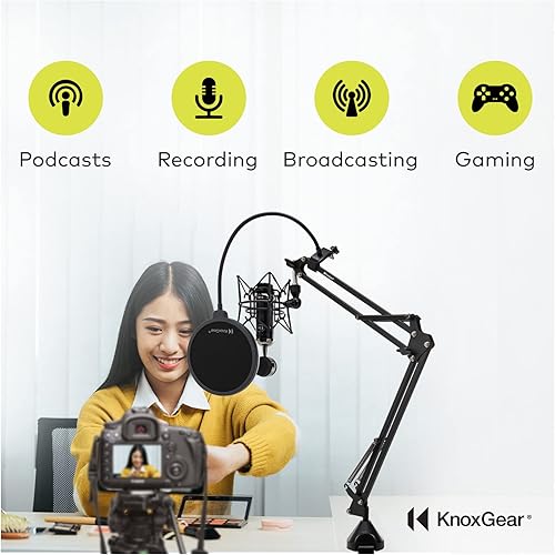 Miniatura 5 de Knox Gear Soporte de micrófono con brazo para podcasts, grabación de estudio, transmisión de radio y juegos, soporte de escritorio de micrófono con
