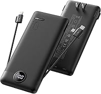 KeepYourLifeCharged 10000mAh Slim Power Bank with Foldable Wall Plug, Built-in USB-C/iPhone Cables, LED Display - Portable Charger for iPhone/Android (Black)