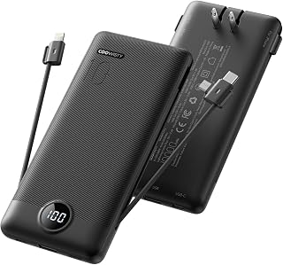 KeepYourLifeCharged 10000mAh Slim Power Bank with Foldable Wall Plug, Built-in USB-C/iPhone Cables, LED Display - Portable Charger for iPhone/Android (Black)
