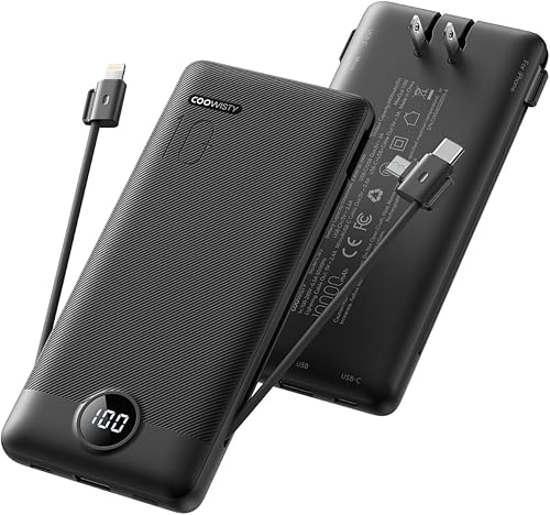 Coowisty Portable Charger with Wall Plug, Slim USB C Power Bank with Built-in Cables, 10000mah LED Display External Battery Pack Compatible with iPhone/Android & More (Black)