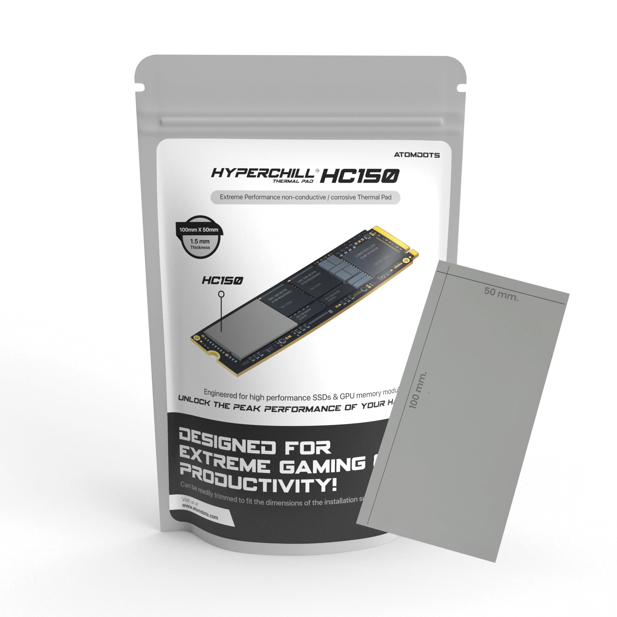 ATOMDOTS Hyperchill HC150 Thermal Conductive Silicone Pad 15 W/m*K Simple to Apply for SSD CPU GPU LED IC | Excellent Performance | Non Corrosive 100 X 50 mm (1.5 mm)