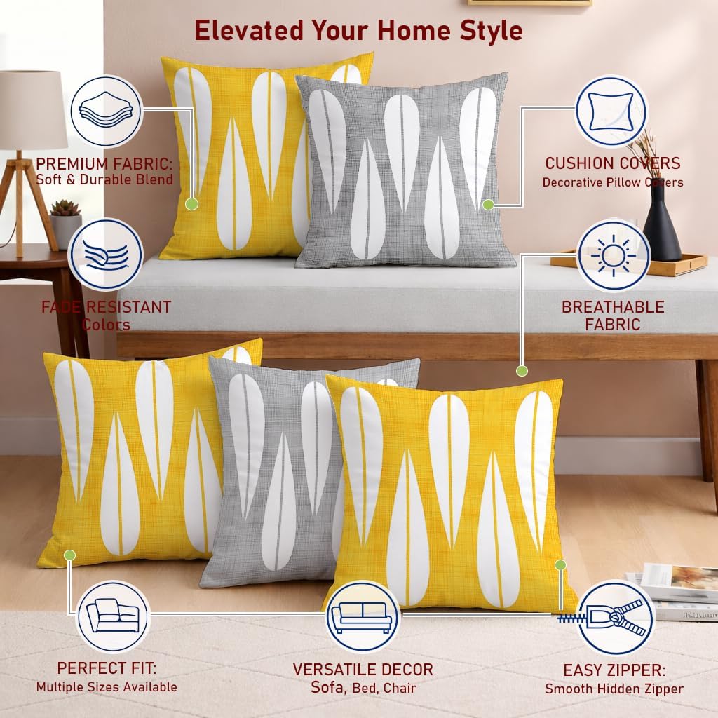 STITCHNEST Leaf Yellow Grey Printed Canvas Cotton Cushion Covers, Set of 5 (24 x 24 Inches) image 4
