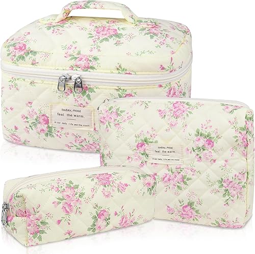 Juego de bolsos de maquillaje, bolso acolchado, bolso cosmético grande de diseño floral, para maquillaje y artículos de tocador para viajes, Lindo