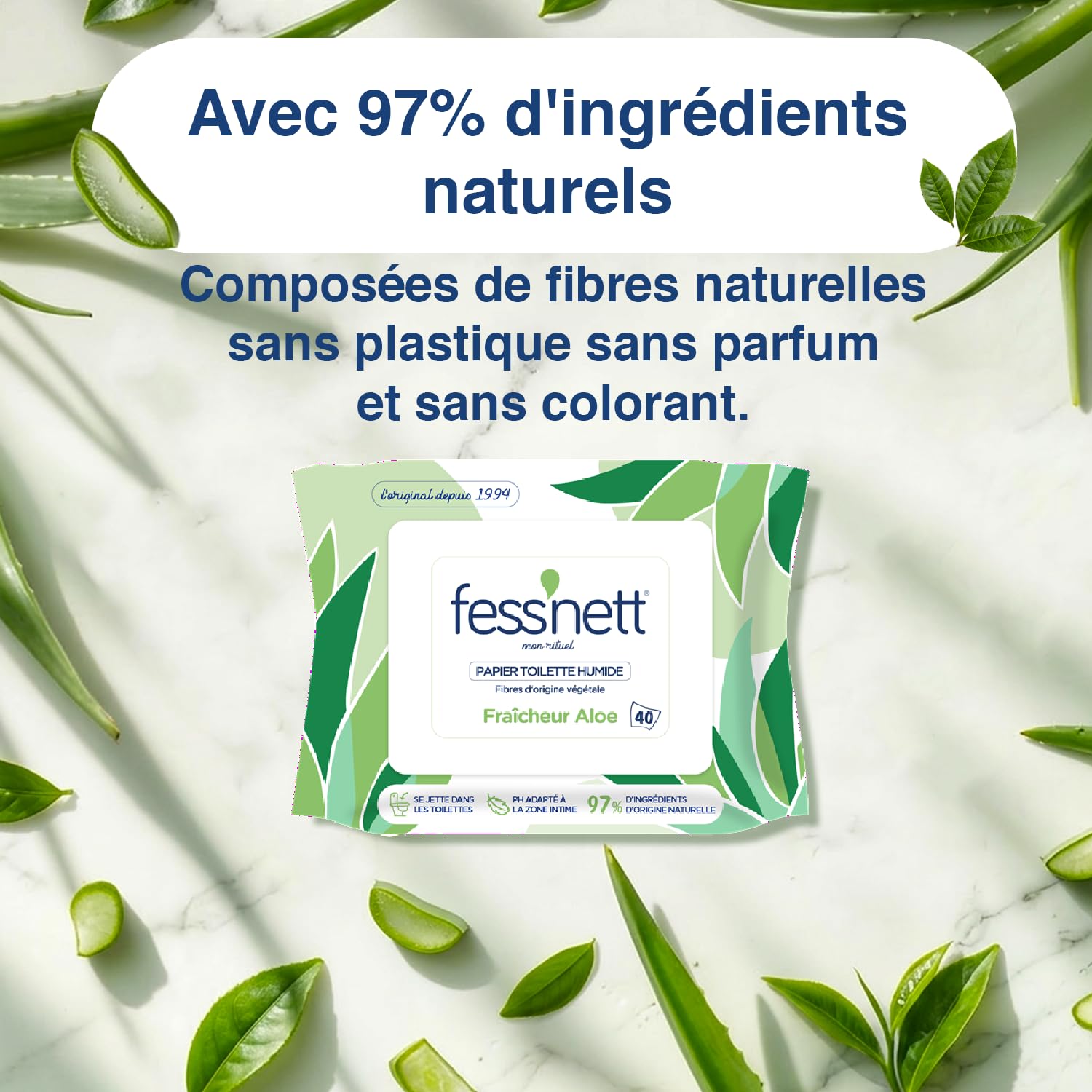 fess'nett Papier Toilette Humidifié Vert Aloe 40 Feuilles | 100% Fibres Végétales, 96% d'Eau, PH Neutre, Sans Parfum et Parabène, Usage Intime Adulte Enfant