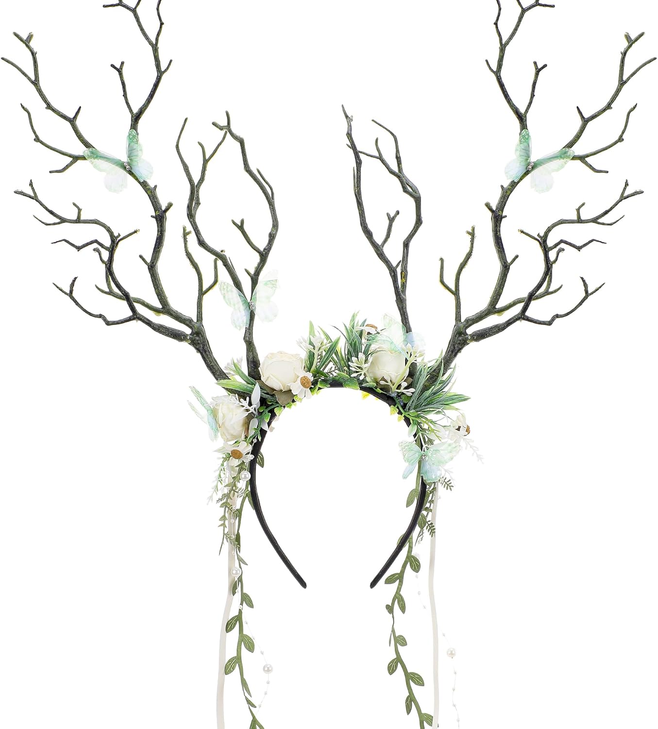 MOSTORY Woodland Flower Branch Headband - Floral Antler Headpiece for Fairy Accessories Women Renaissance Renfaire Cosplay