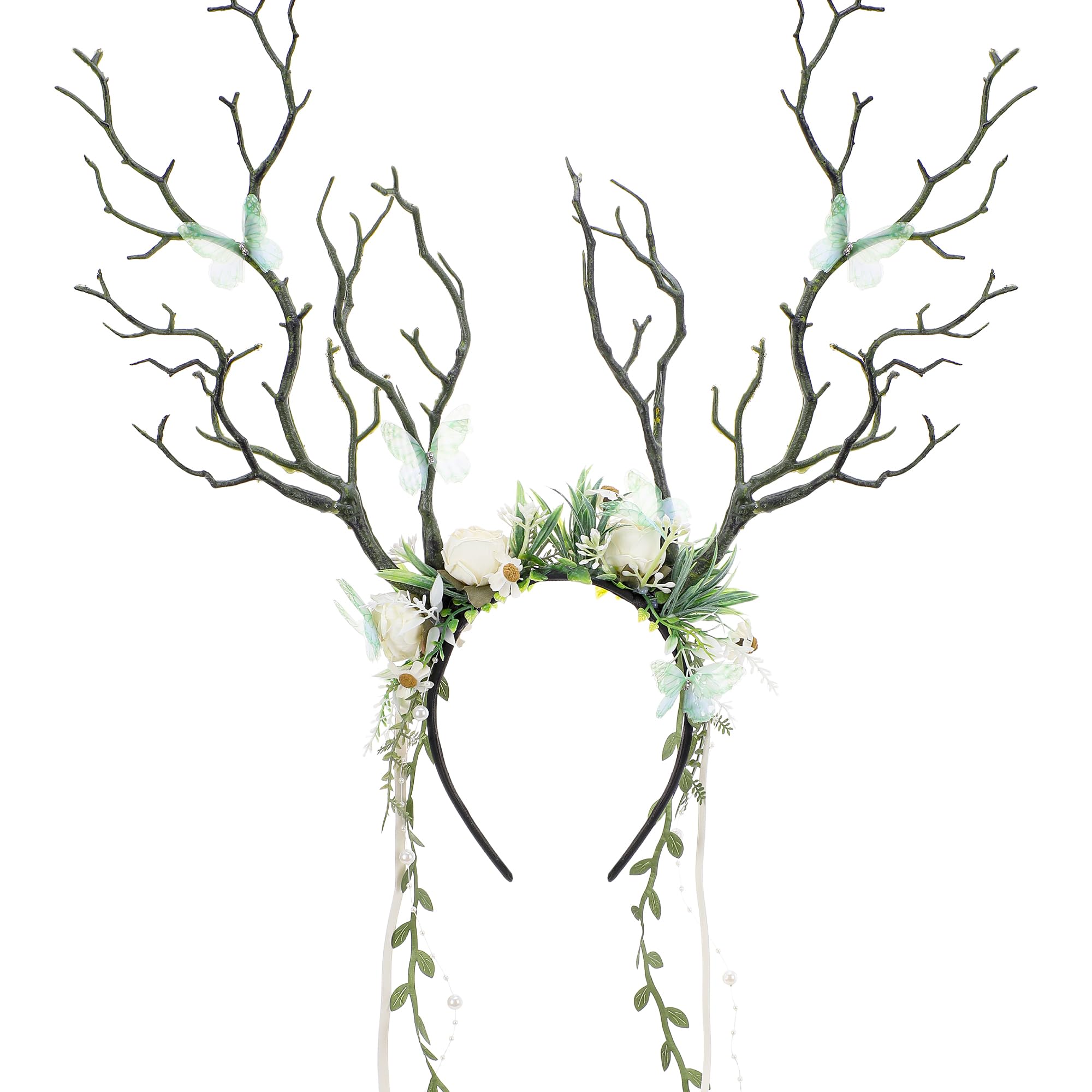 MOSTORY Antlers Headband for Renaissance Cotume Women, Green Elf Branches Headwear with Flowers and Butterfly for Carnival Halloween Deer Cosplay Festival Hair Accessories