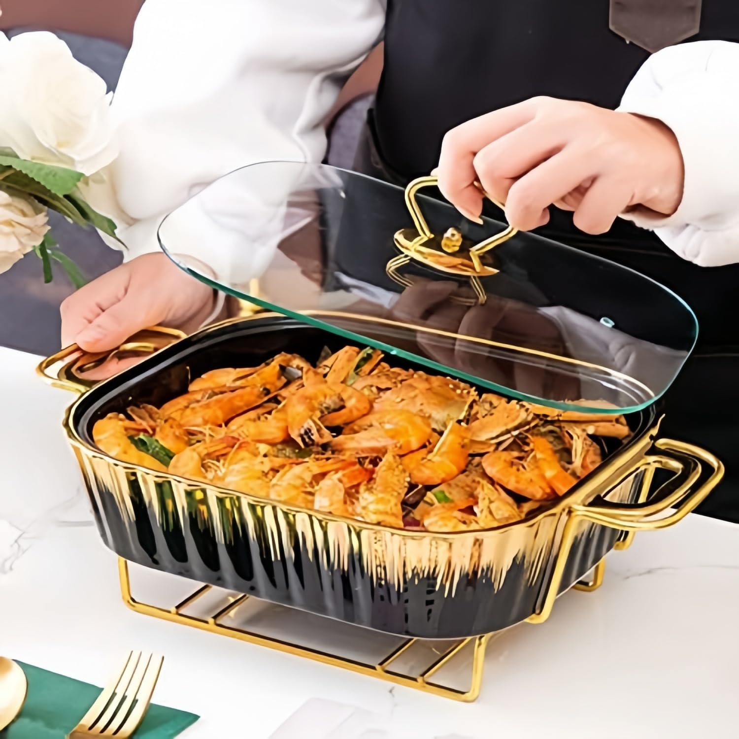 Juego de platos de cerámica, calentador de alimentos con tapas de vidrio para fiestas, bodas y eventos de catering, capacidad de 1.8 L, perfecto para banquetes y reuniones