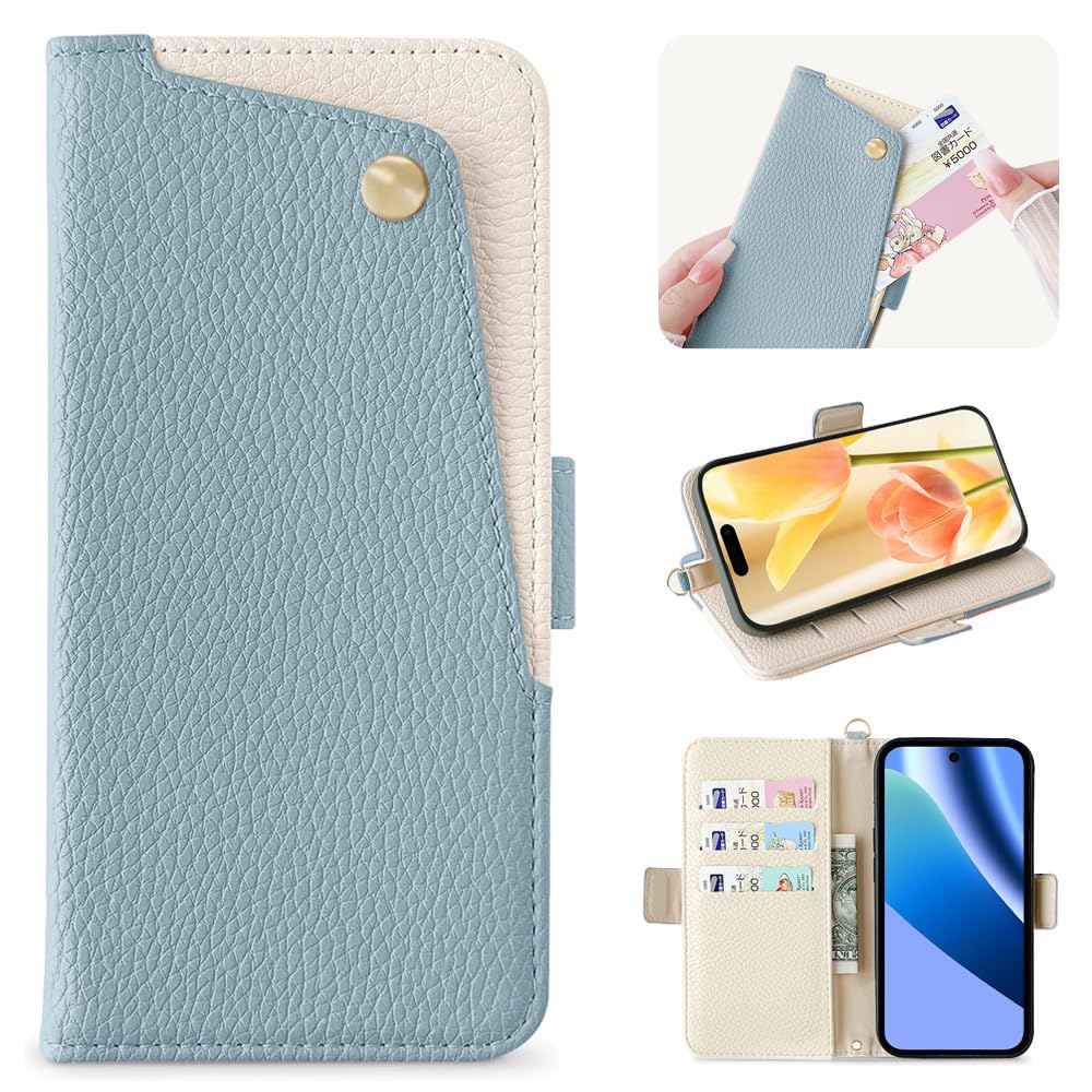 Kahper google pixel 10a 用 ケース 手帳型 おしゃれ グーグルピクセル10a ケース 手帳型 軽量 衝撃吸収 スマホケース 財布型 ぐーくるぴくせる10a 携帯カバー 高級PUレザー 全面保護 マグネット式 カード収納 スタンド機能 手触りが良い 防塵 人気 大人 スカイブルー