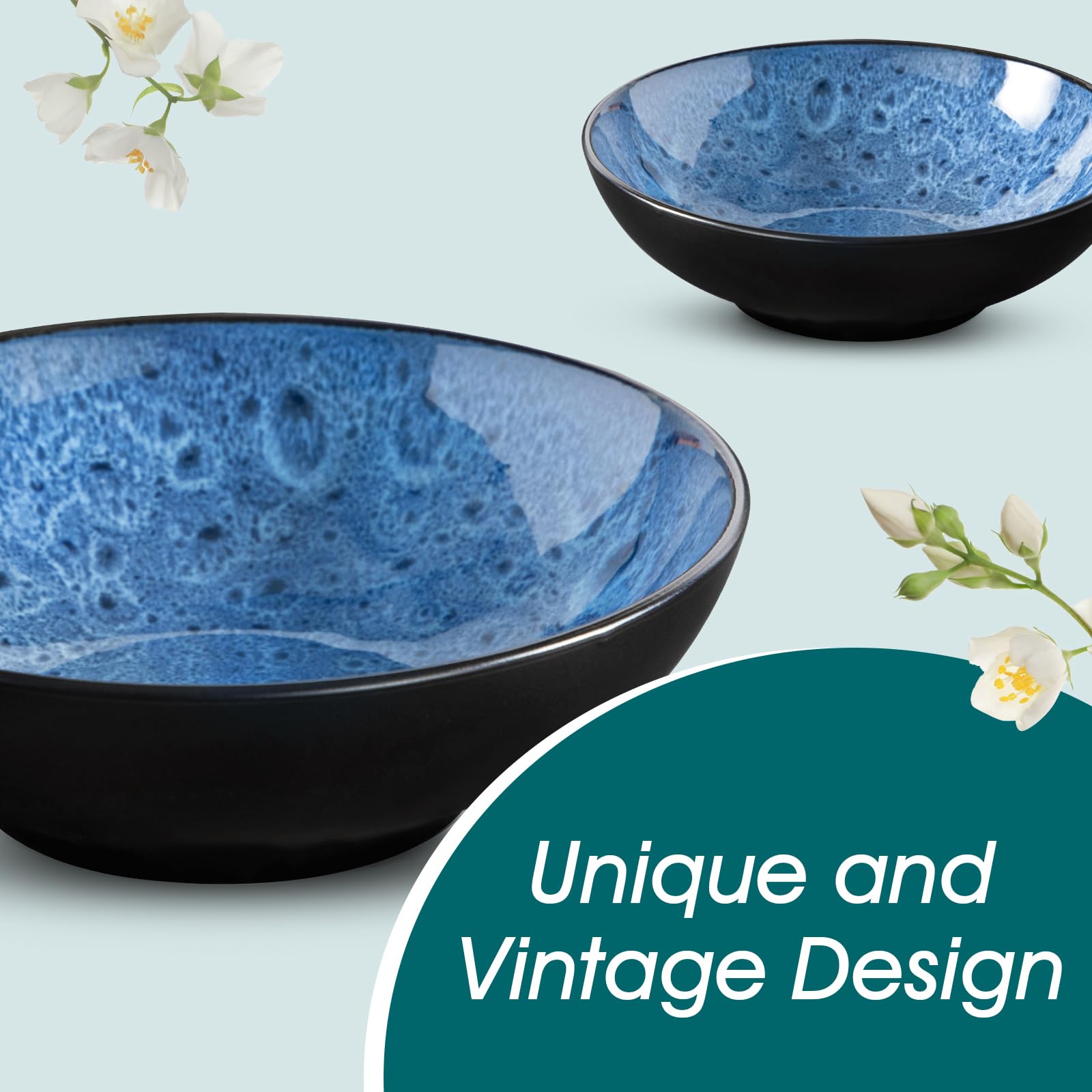 vancasso Service de Table pour 6 Personnes, Service Vaisselle 24 Pièces en Grès - 6 Assiettes Plates, 6 Assiettes à Dessert, 6 Assiettes Creuses et 6 Bols - Glaçure Bleu, Compatible Micro-Ondes
