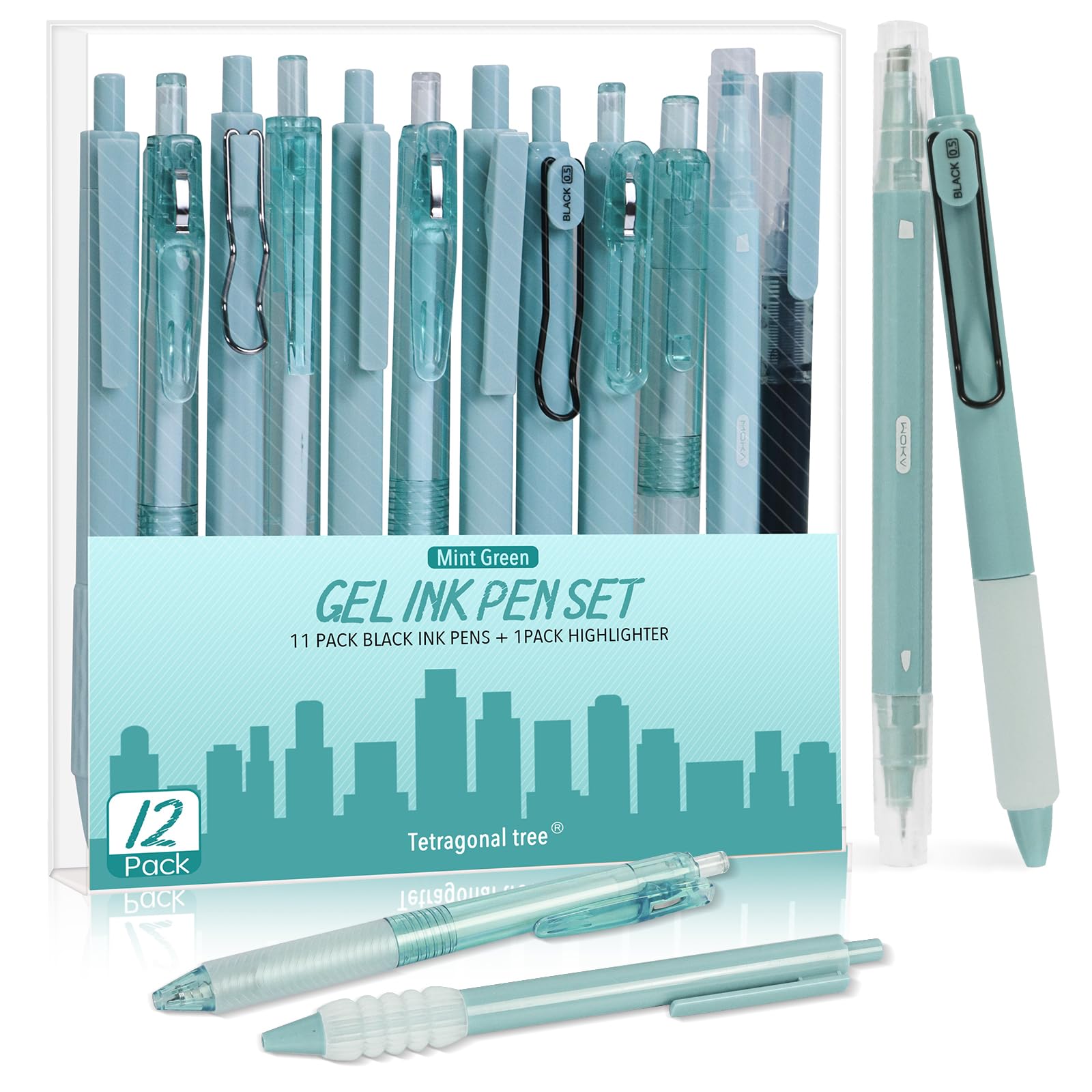 Tetragonal tree 12Pcs Gel Pens Set, Quick Dry Ink Pen Fine Point Black 0.5mm, Aesthetic Retractable Rolling Ball Pen Smooth Writing for Journaling (