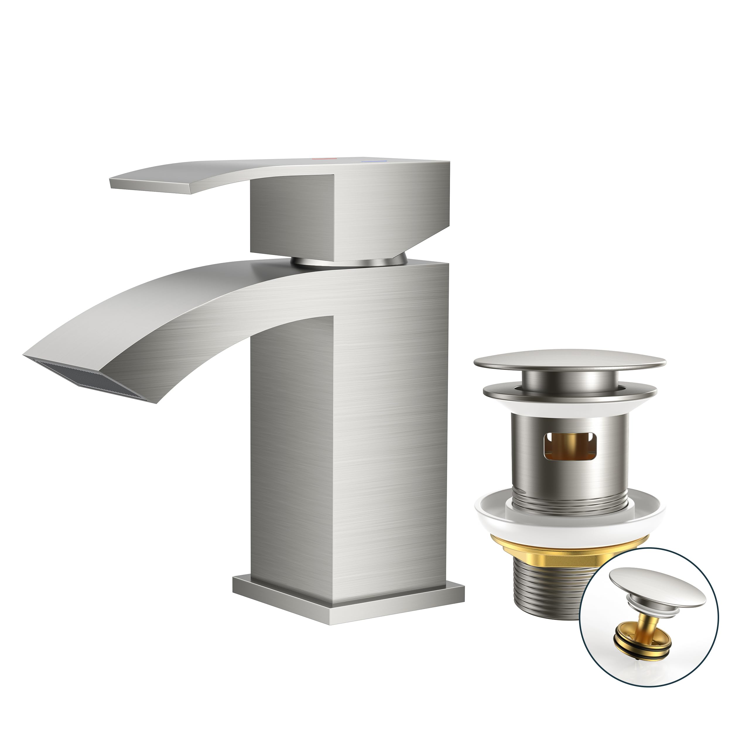 FORIOUS Bathroom Sink Taps Waterfall with Pop-up Waste, Single-Lever Basin Mixer Tap with G1/2'' Hoses, Spout Height 60 MM, Water-Saving, Stainless Steel