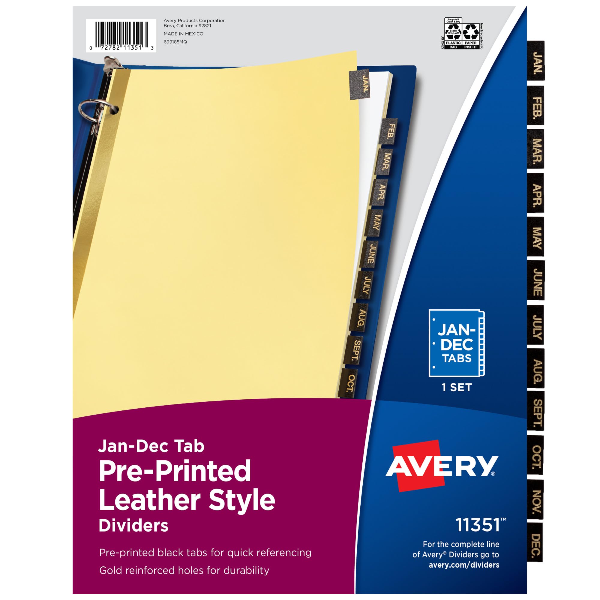 Avery A-Z Dividers for 3 Ring Binders, 25-Tab Set, Pre-Printed Black Leather Tabs, 1 Binder Divider Set (11350)