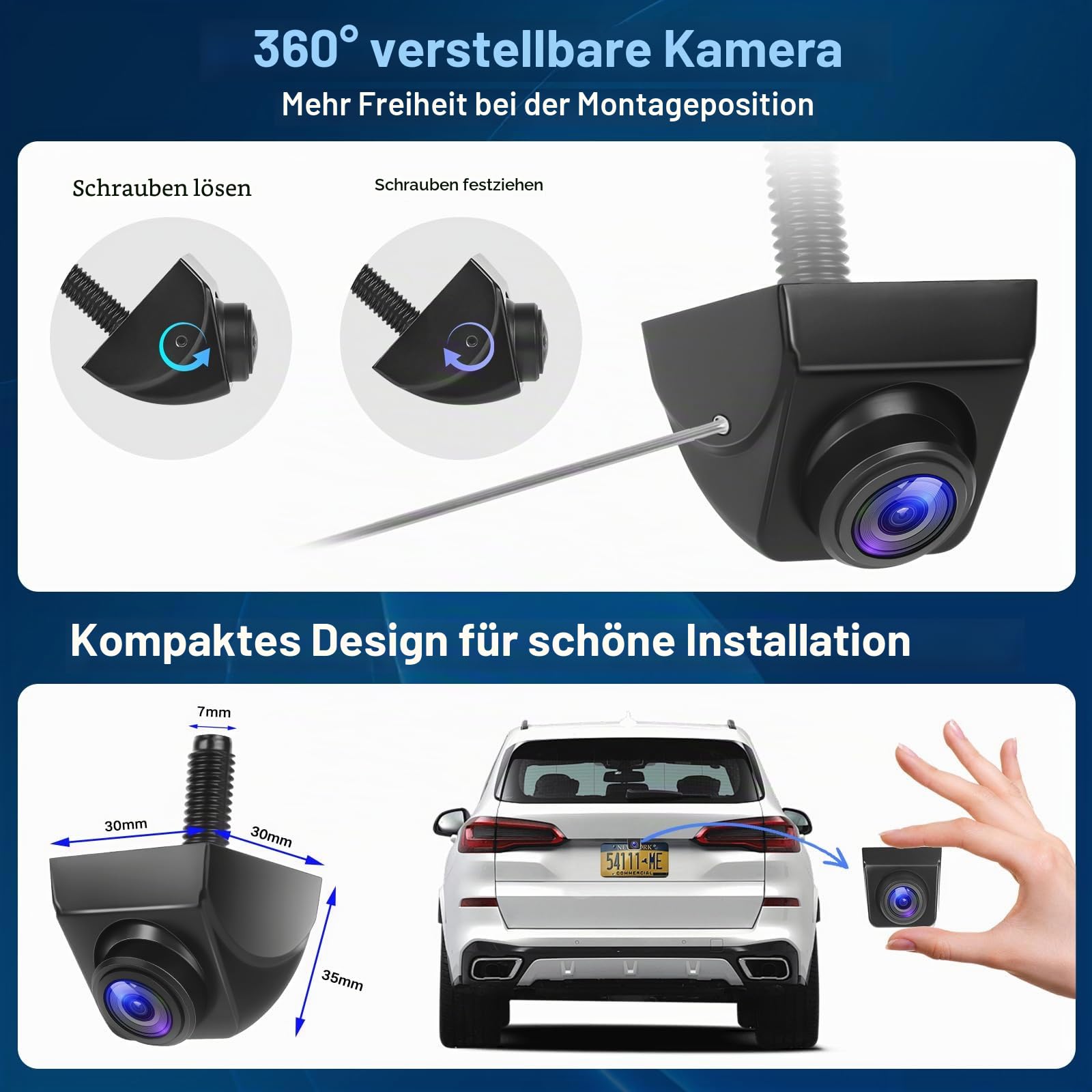 AHD 1080P Auto Rückfahrkamera 170º Weitwinkel Nachtsicht Auto 360° Drehbar Rückfahrkameras IP69 wasserdichte Universal Rückkamera für Wohnmobil SUV Pickup Van.