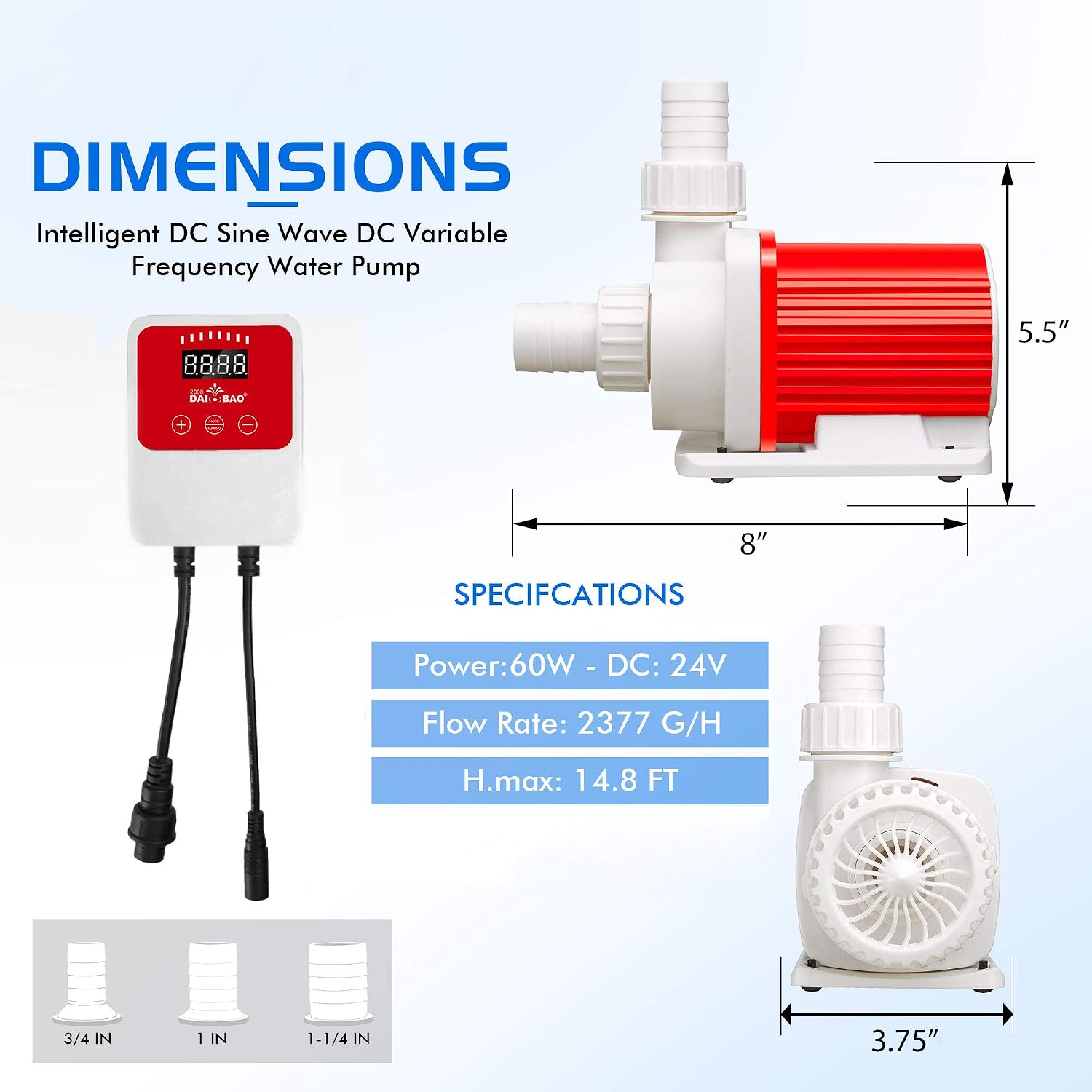 2380 GPH Intelligent ECO Amphibious Water Pump - Sine Wave Technology with Controller for Hydroponics & Aquariums,Old model