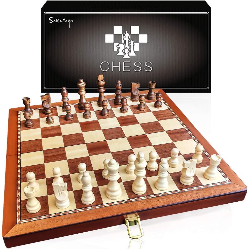 Scientoy Chess Sets (Magnetic), 15”×15” Foldable Wooden Chess Set for Kids and Adults, Storage for Piece, Handcraft Travel Chess Set, Prefect Choice for Birthday, Rewards for Beginner