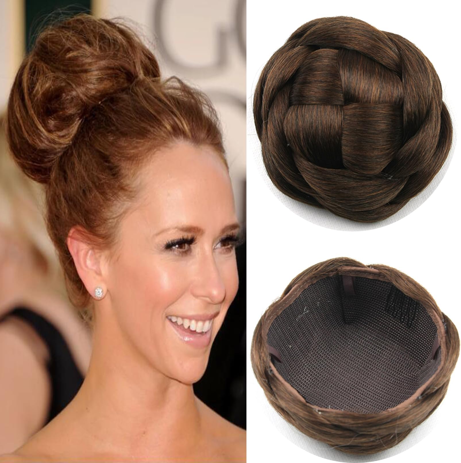 Synthetic Hair Chignon Scrunchie Natural Hair Braided Bun Donut Hairpieces Clip in Hair Bun Extensions Updo Space Bun for Women Beauty (Dark brown/Auburn brown)