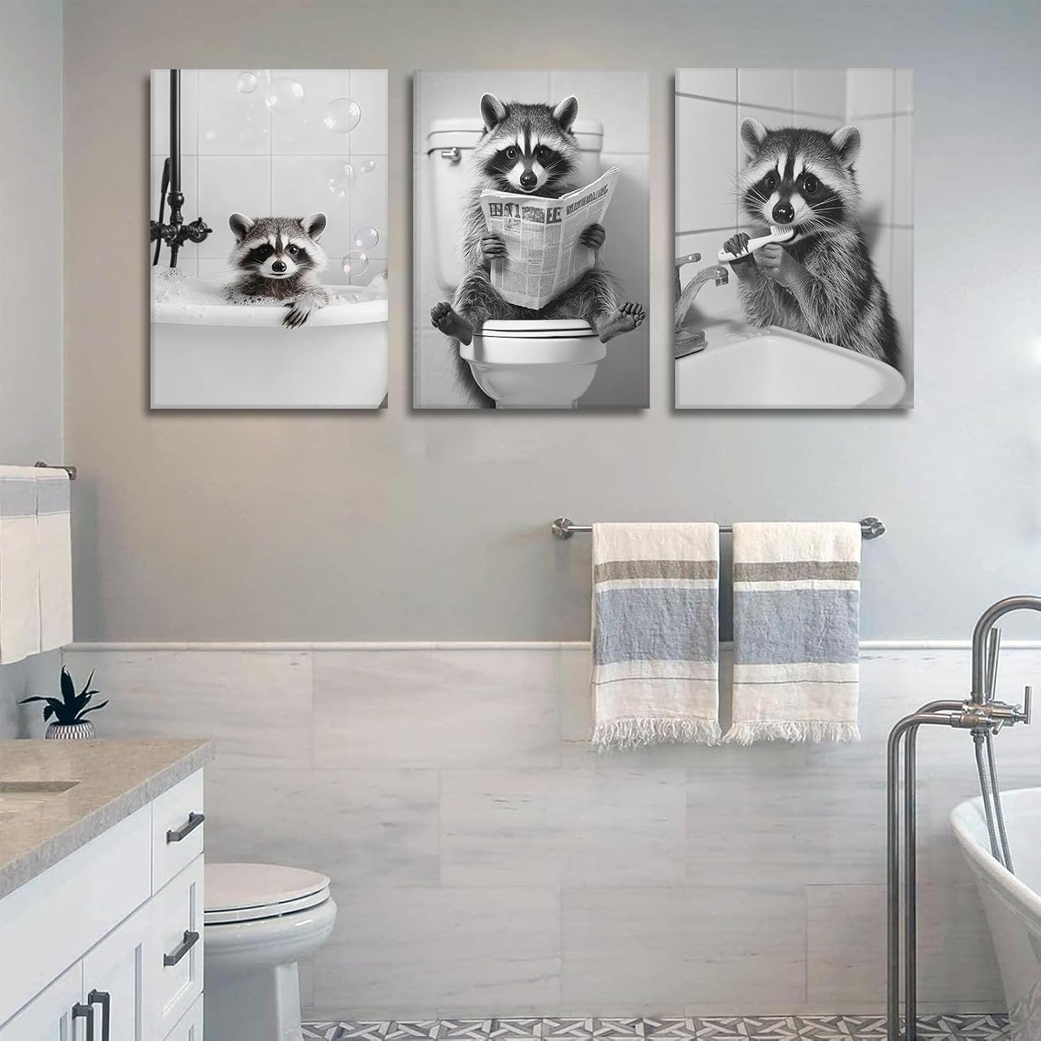 Funny Raccoon Bathroom Canvas Wall Art set of 3 Black and White Cute Raccoon Sitting on Toilet Poster Print Artwork Humor Adorable Animals Pictures Wall Decor for Washroom Restroom laundry 12x16in