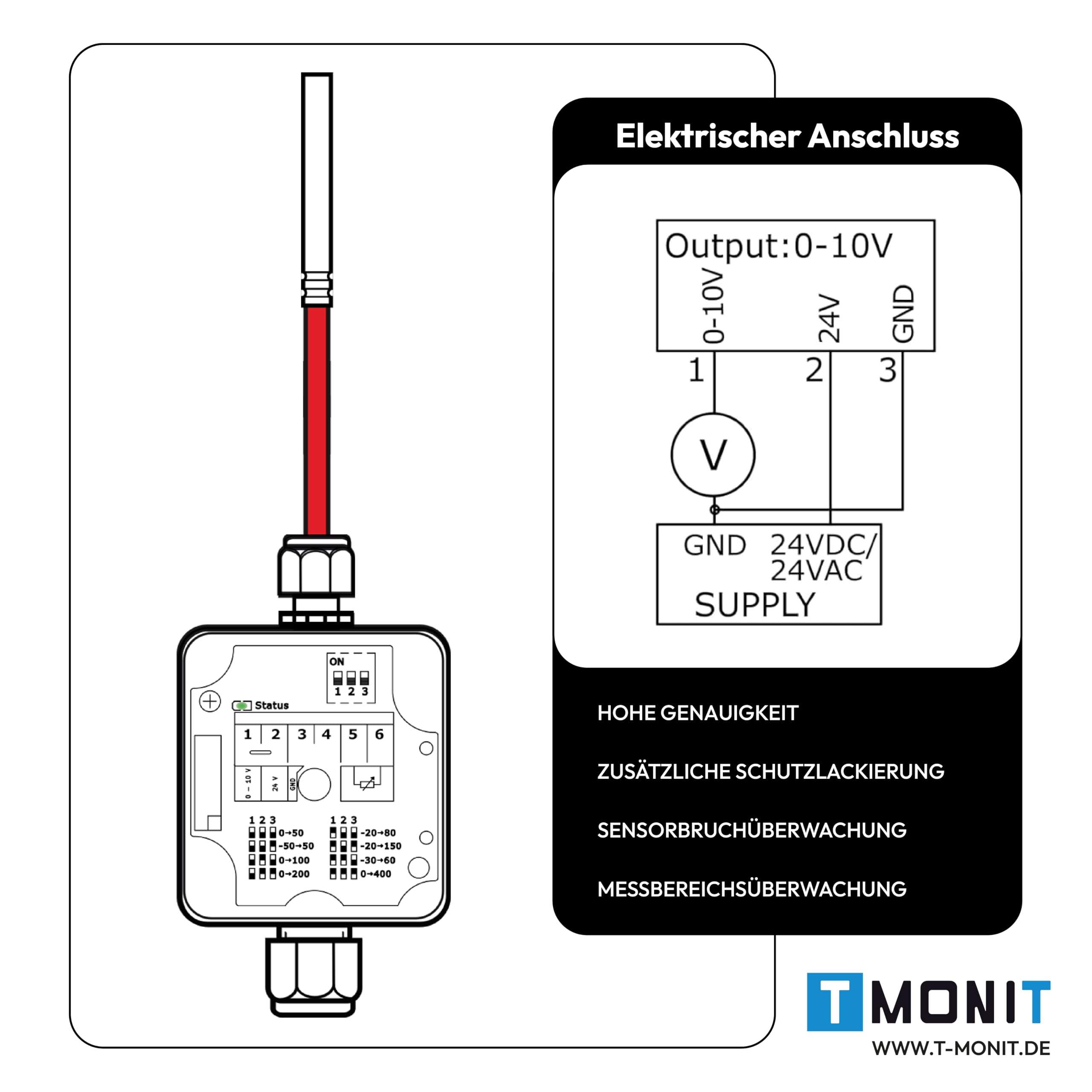 PT1000 Temperaturfühler, 0-10V oder 4-20 mA Messumformer, -50 bis 200 °C, IP65 strahlwassergeschützt, Strom- oder Spannungsausgang, Silikon-Leitung - für HLK & Industrie