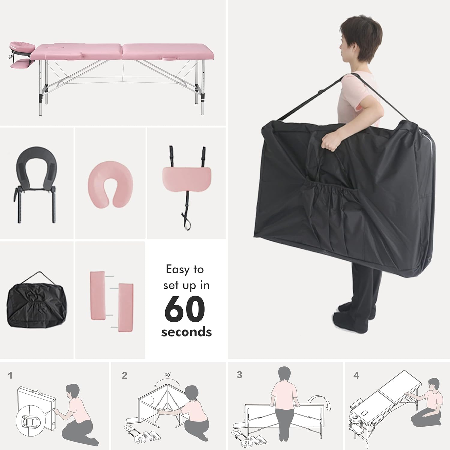 Prilinex Portable Folding Massage Table, 3 Sections Reclining Spa Bed, Aluminum Legs, with Carrying Bag, Face Cradle & Armrest - Easy Set Up, Lightweight, Height Adjustable 24" to 33" Pink : Beauty & Personal Care