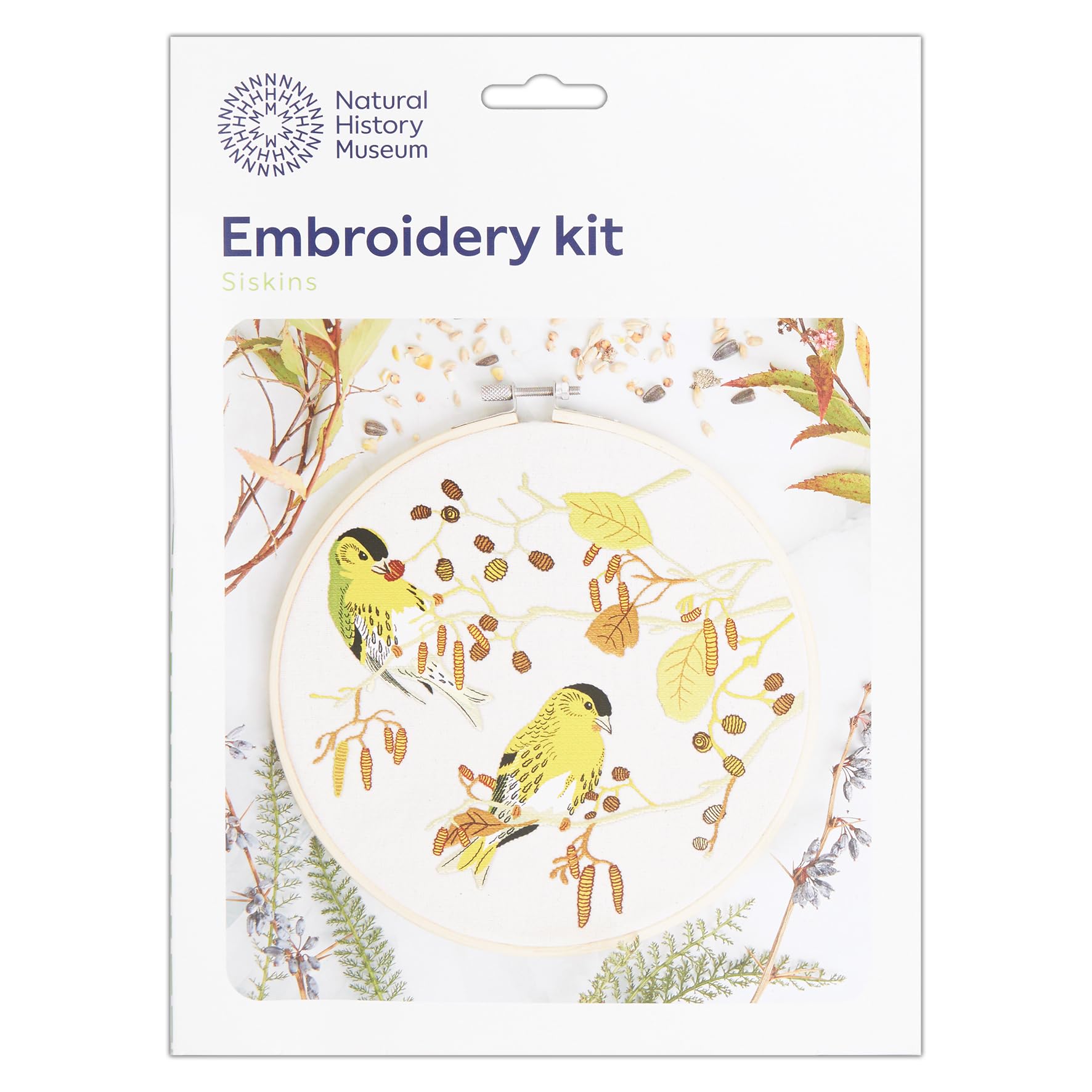 NHM Natural History Museum Embroidery Hoop Decoration Kit, Siskins Design, 8", Embroidery Kits for Adults & Cross Stitch Kits for Adults Beginners, Gift Idea, with Embroidery Pattern