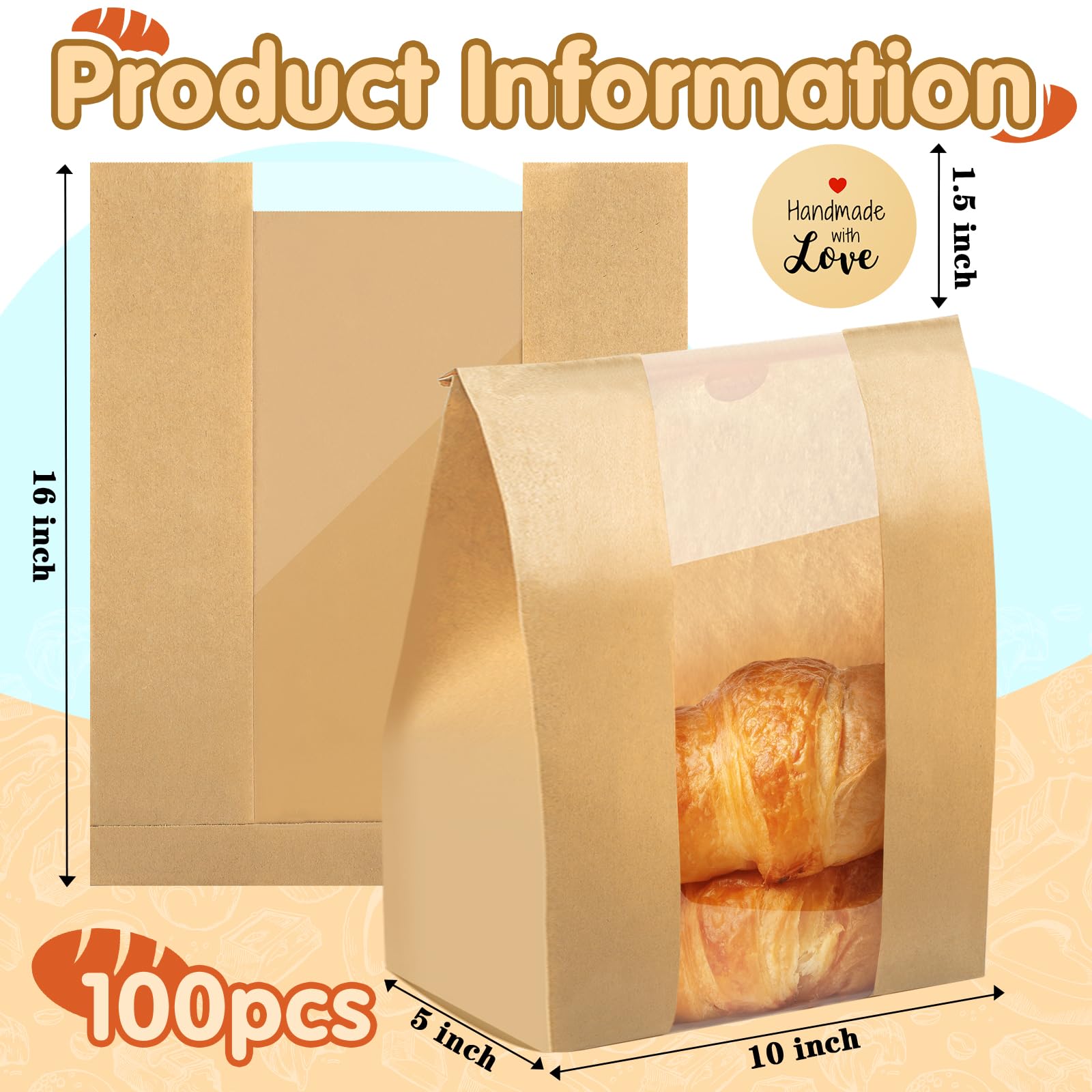 100 bolsas de papel para pan casero, bolsas de pan de masa madre con 100 calcomanías, bolsas de papel kraft con ventana transparente de 16 x 10 x 5 pulgadas