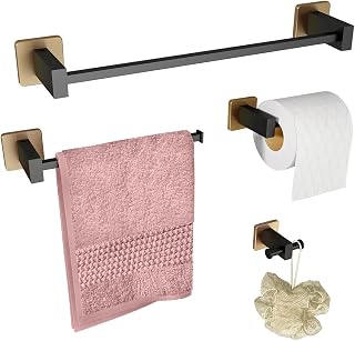 TAPMEE 4-Pieces Bathroom Hardware Set Matte Black and Brushed Gold Towel Bar ,Hand Towel Rack ,Toilet Paper Holder ,Towel Hook,Stainless Steel Wall Mounted Bathroom Hardware Accessories Set