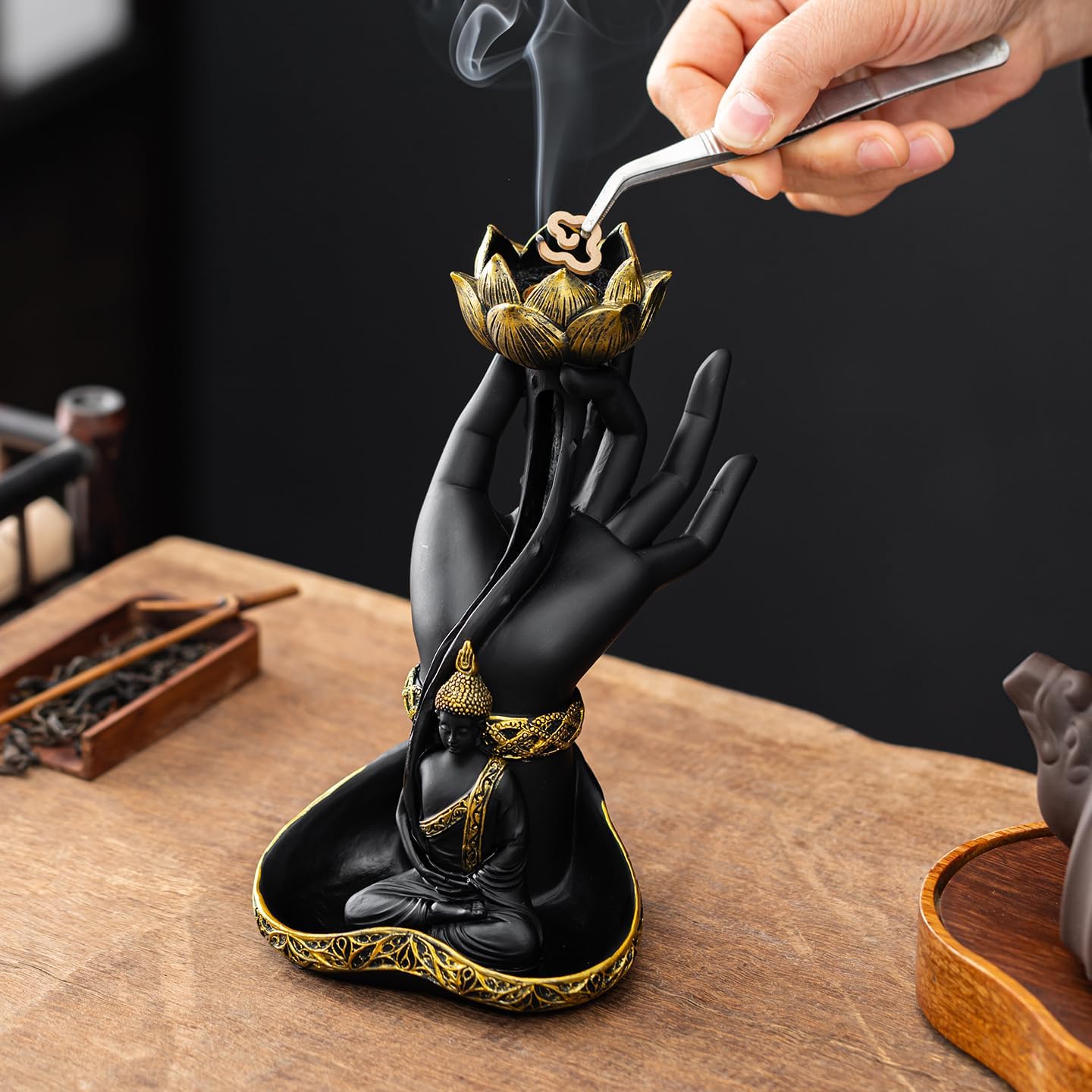 7.9 inch Resin Buddha Hand Backflow Incense Burner with Lotus | Waterfall Incense Holder, For Aromatherapy & Meditation, Home Decor & Yoga Room, Gift for Spiritual & Relaxation Lovers