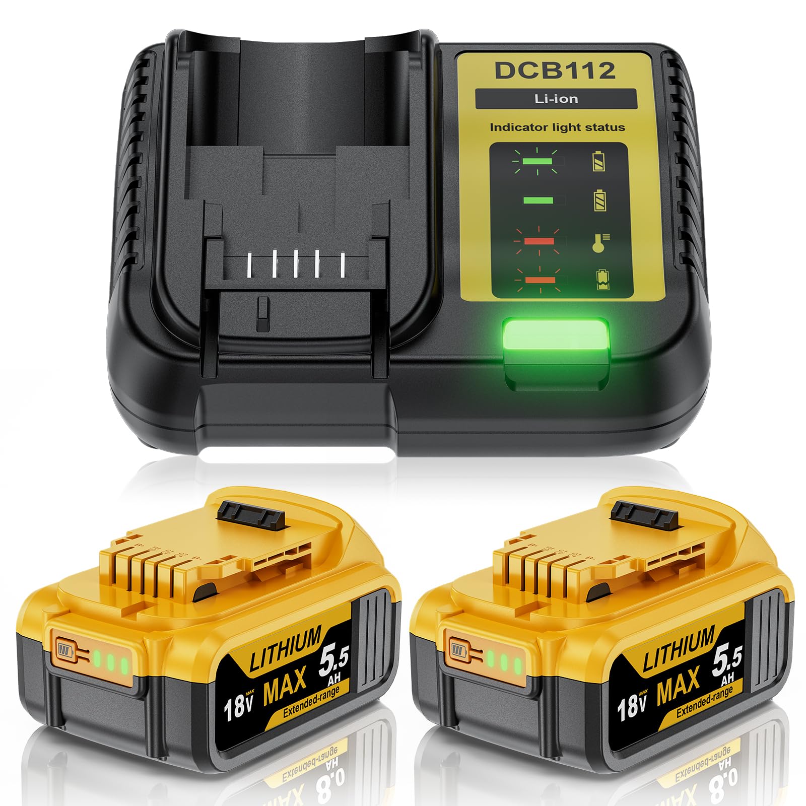 Replacement for Dewalt battery 18V 5500mAh - for Dewalt 18v Battery Charger Set Compatible with DCB180 DCB181 DCB182 DCB184 DCB185 DCB201 DCB204, for 18v Tools
