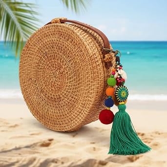 QTMY Pom Pom Shell Beads Tassel Bag Charm Pendant Boho Keyring Keychain for Women Purse Handbag Decor (6)