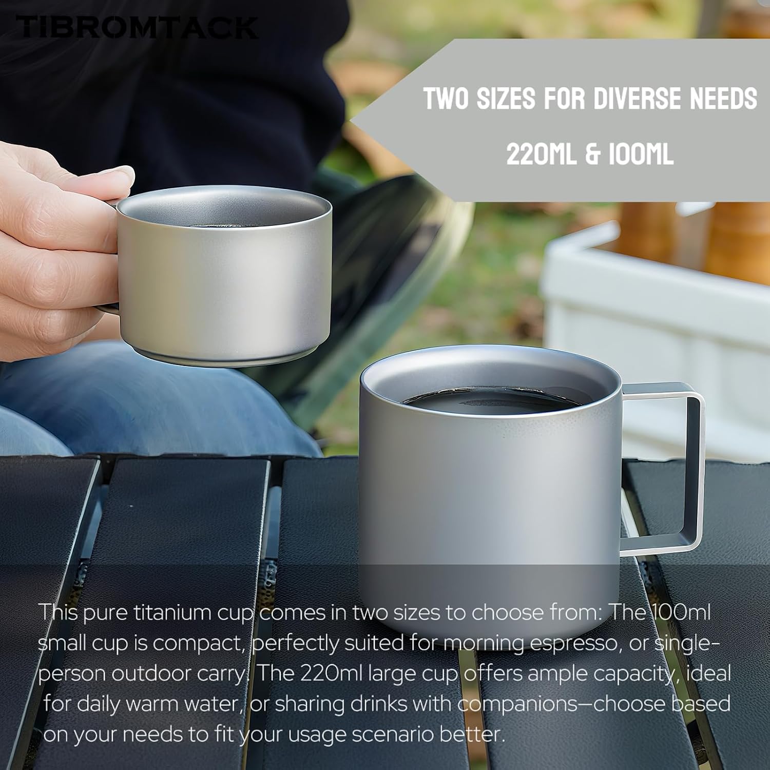 Titanium Coffee Cup, Outdoor Camping Mug - 2 Options (100ml/220ml) with Free Coffee Spoon, Double-Layer Lightweight, Heat-Resistant Handle (220ML)