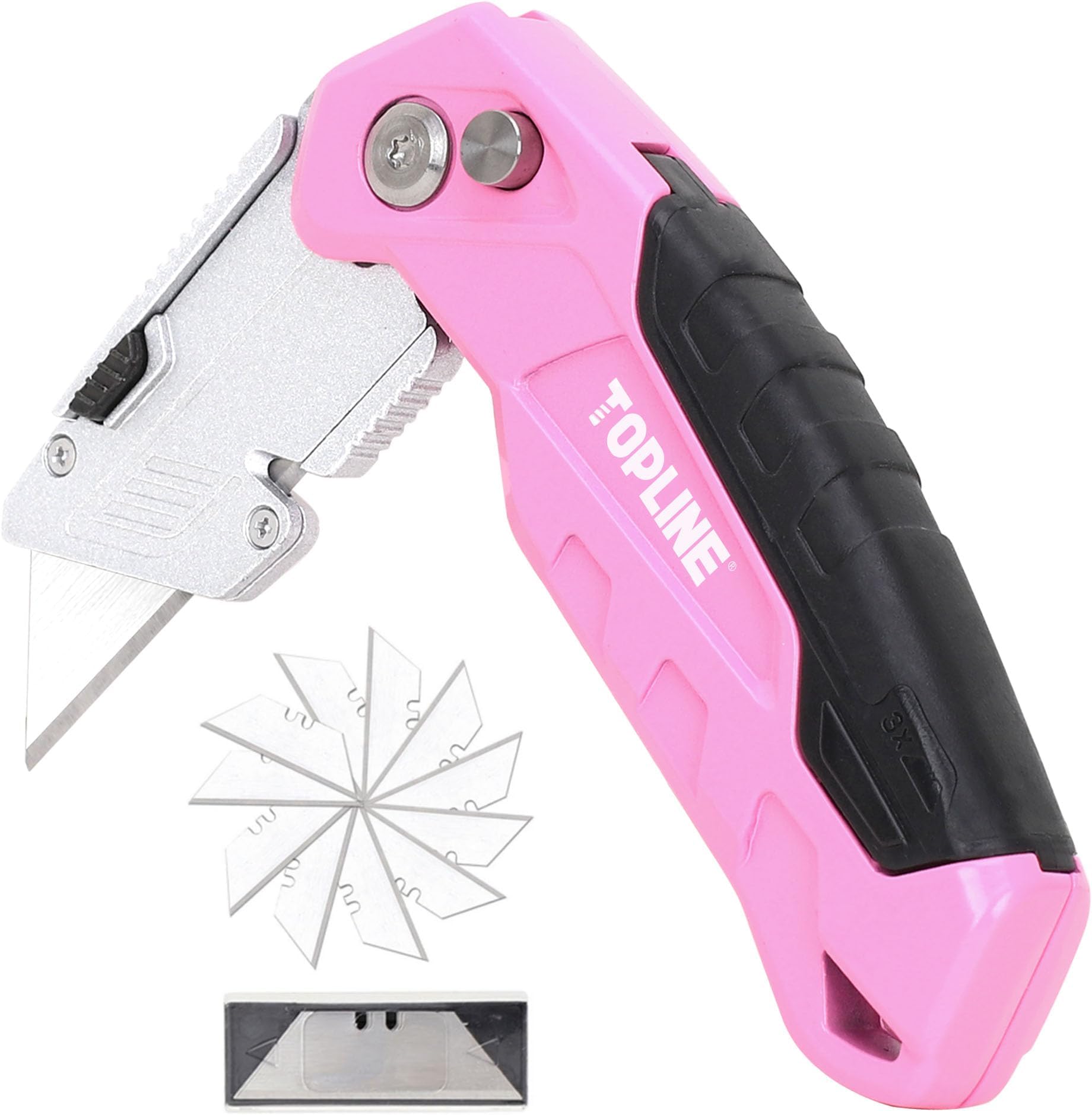 TOPLINE Folding Pink Utility Knife, Pocket Folding Pink Box Cutter, Blade Storage Design, 18-Piece SK5 Blades and a Dispenser Included