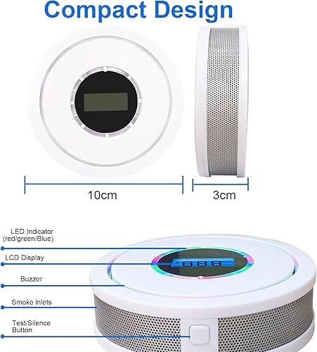 Miniatura 4 de Paquete de 3 detectores de monóxido de carbono y alarma de humo, detectores de humo y monóxido de carbono a pilas con pantalla digital, botón de