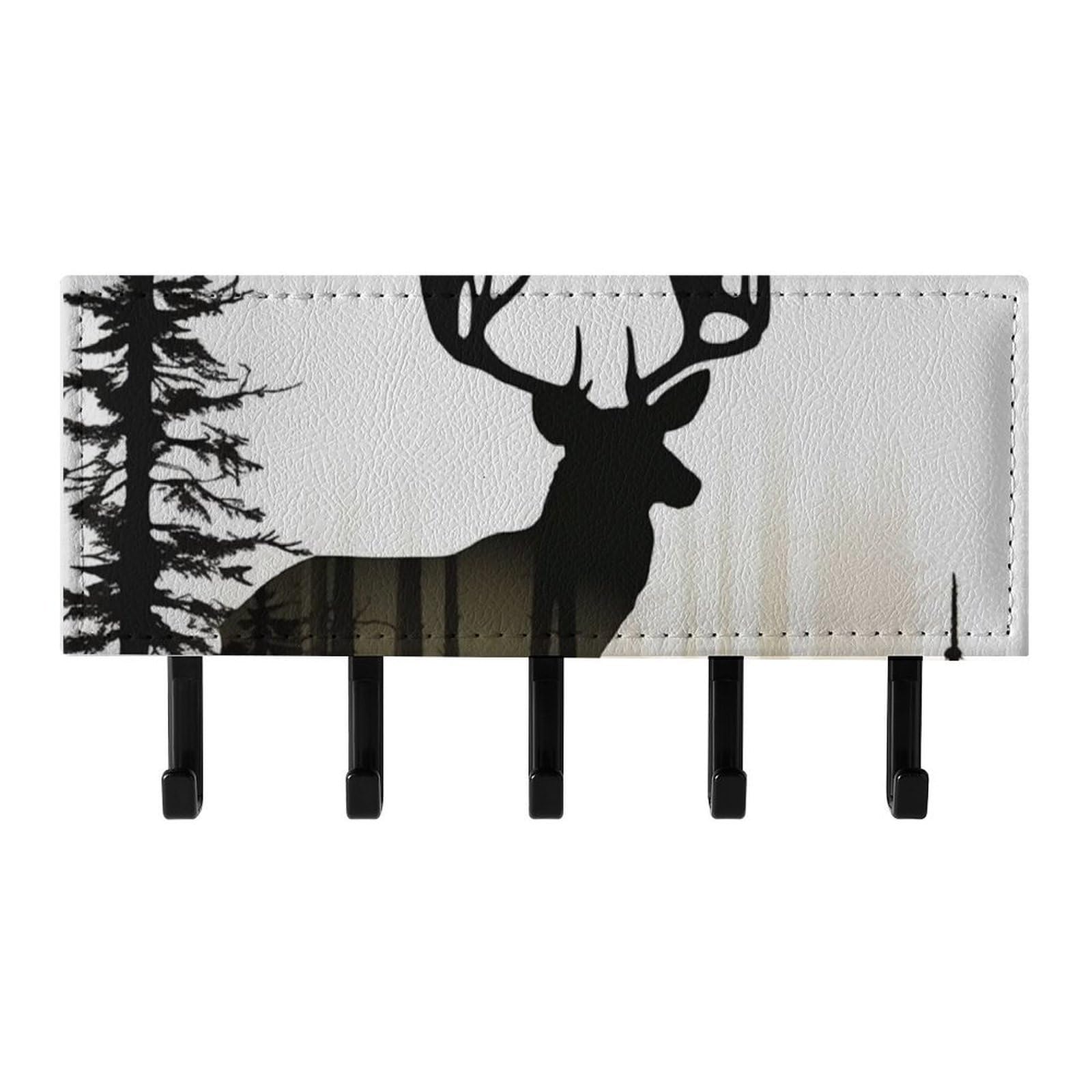 QMNLKH Deer Silhouette Wall Mounted Key Rack for Home, No Drilling Key Holder with 5 Hooks, Self Adhesive Keys Chain Organizer for Hallway, Keys Hanger Shelf for Office, Doorway Black