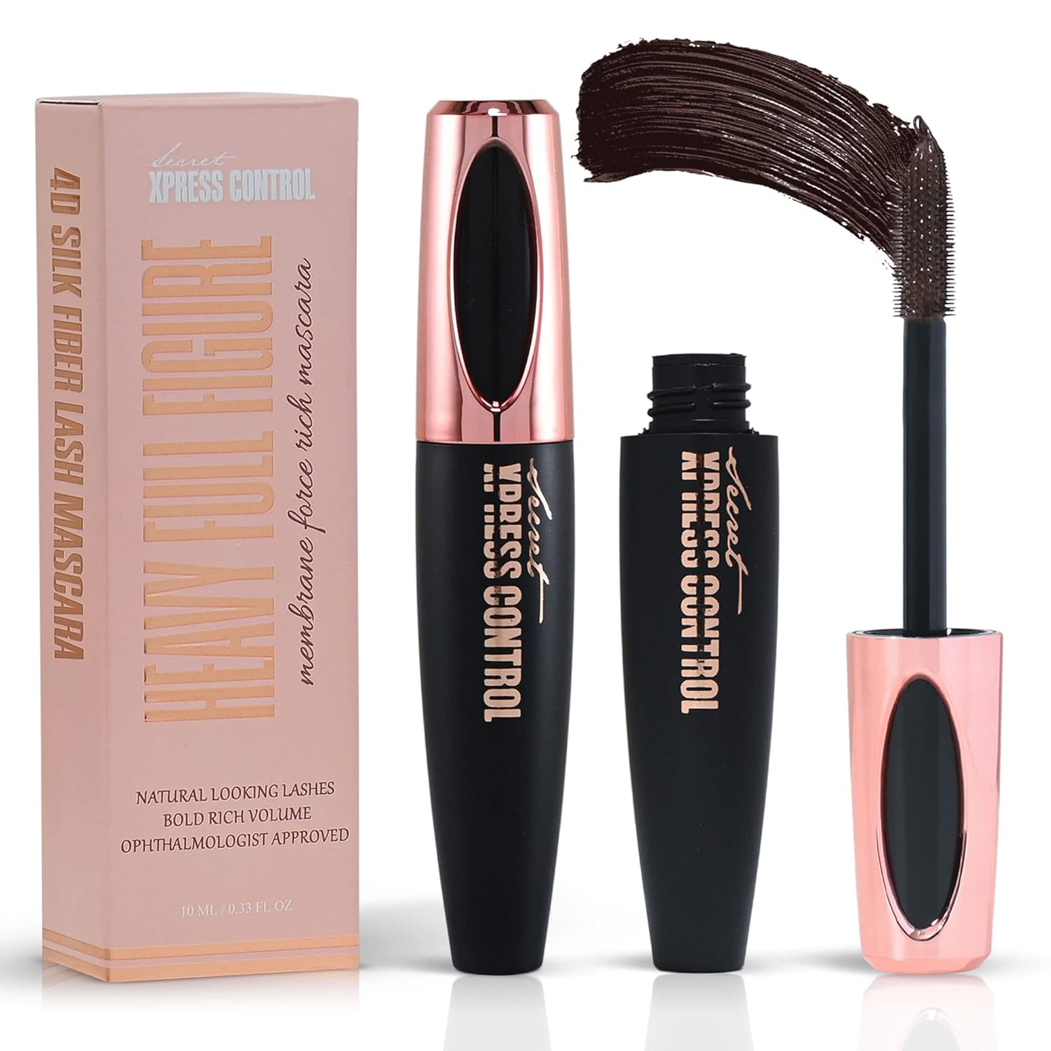 Secret Xpress Control 4D Silk Fiber Lash Mascara, Lengthening and Thick, Volume, Long Lasting, Smudge-Proof, All Day Full, Long, Thick Eyelashes (Brown)