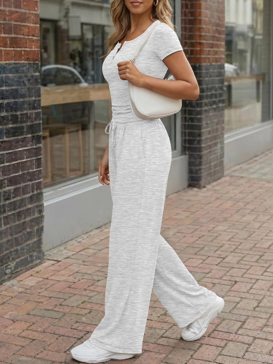 Trendy Queen Women's 2 Piece Matching Lounge Sets Summer Henley Neck Slightly Crop Top Wide Leg Pants Casual Sweat Suit - Image 3