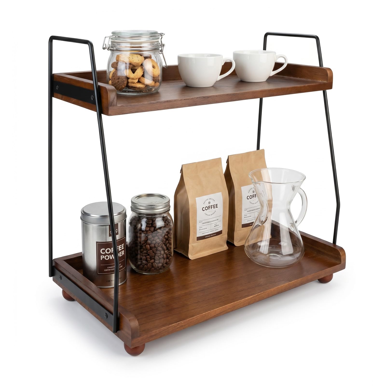2-Tier Wood Kitchen Storage and Organisation - Tiered Serving Stand for Coffee Bar Decor - 2 Layer Bathroom Countertop Organiser and Skincare Vanity Tray - Coffee Station Decor, Brown