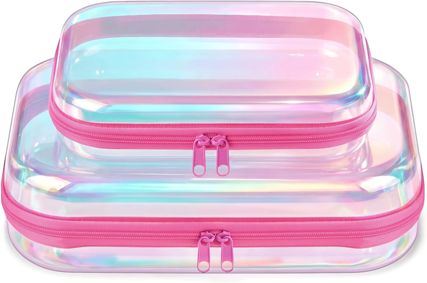 Clear Hard Shell Zipper Case, 2 Pack TSA-Approved Travel Toiletry Bag, Waterproof Cosmetic Bag, CLear Diaper Bag, Hair Tool Organizer, Toy Storage Bin,Travel Makeup Bag & Travel Essential (Pink)