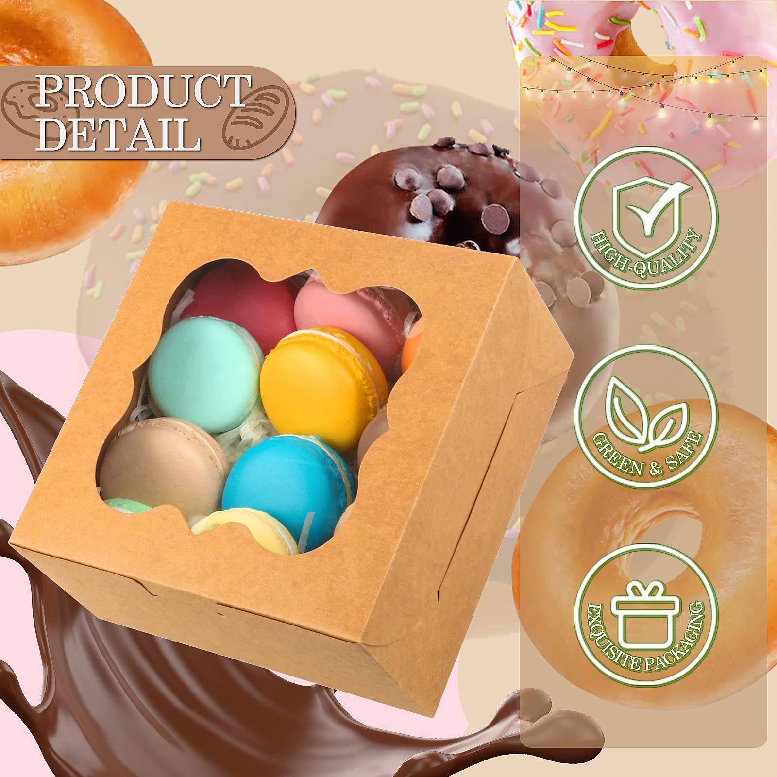 KPOSIYA 65 cajas de panadería con ventana de 6 x 6 x 3 pulgadas, 5 cajas de galletas pequeñas para dulces, postres, pasteles, donas, fiesta de cumpleaños, boda (marrón)