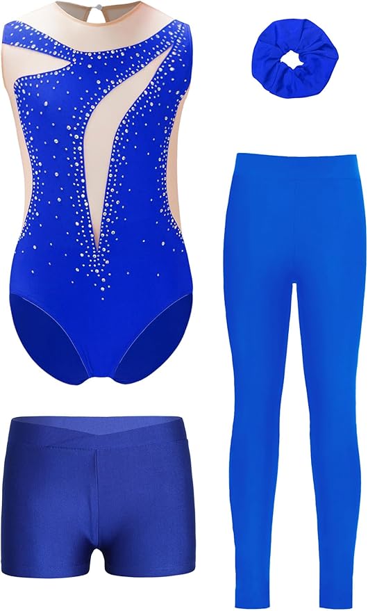 Ensemble Gymnastique Fille 4 Pièces - Justaucorps Strass, Short, Legging, Chouchou (5-16 Ans)