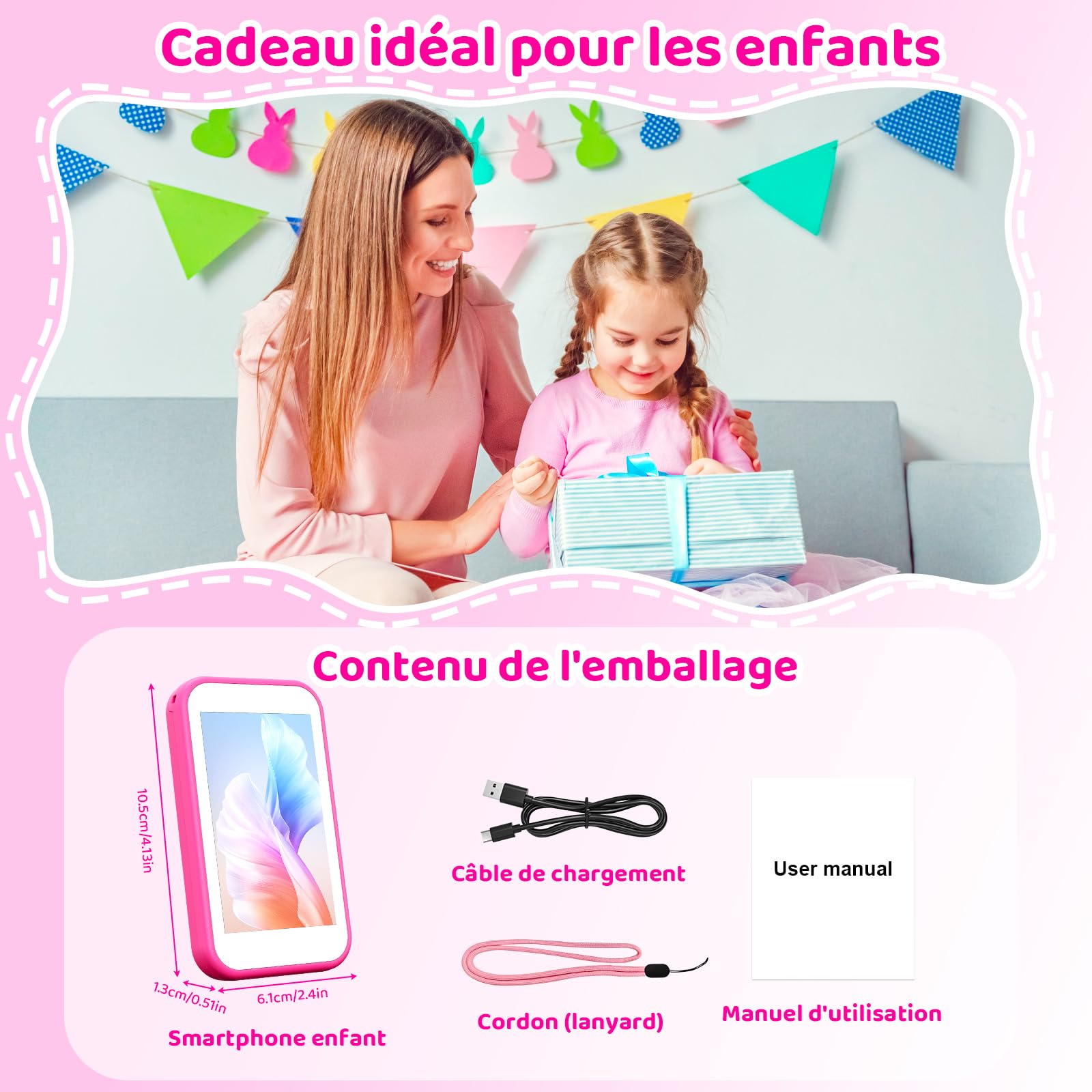 CHAKEYAKE Téléphone Enfant, Smartphone Enfant Mini sans Abonnement, Écran Tactile HD 3,5", Appareil Photo, Jeux Éducatifs, Batterie 1000 mAh, USB-C, Cadeau Noël & Anniversaire Enfants 3-12, Rose