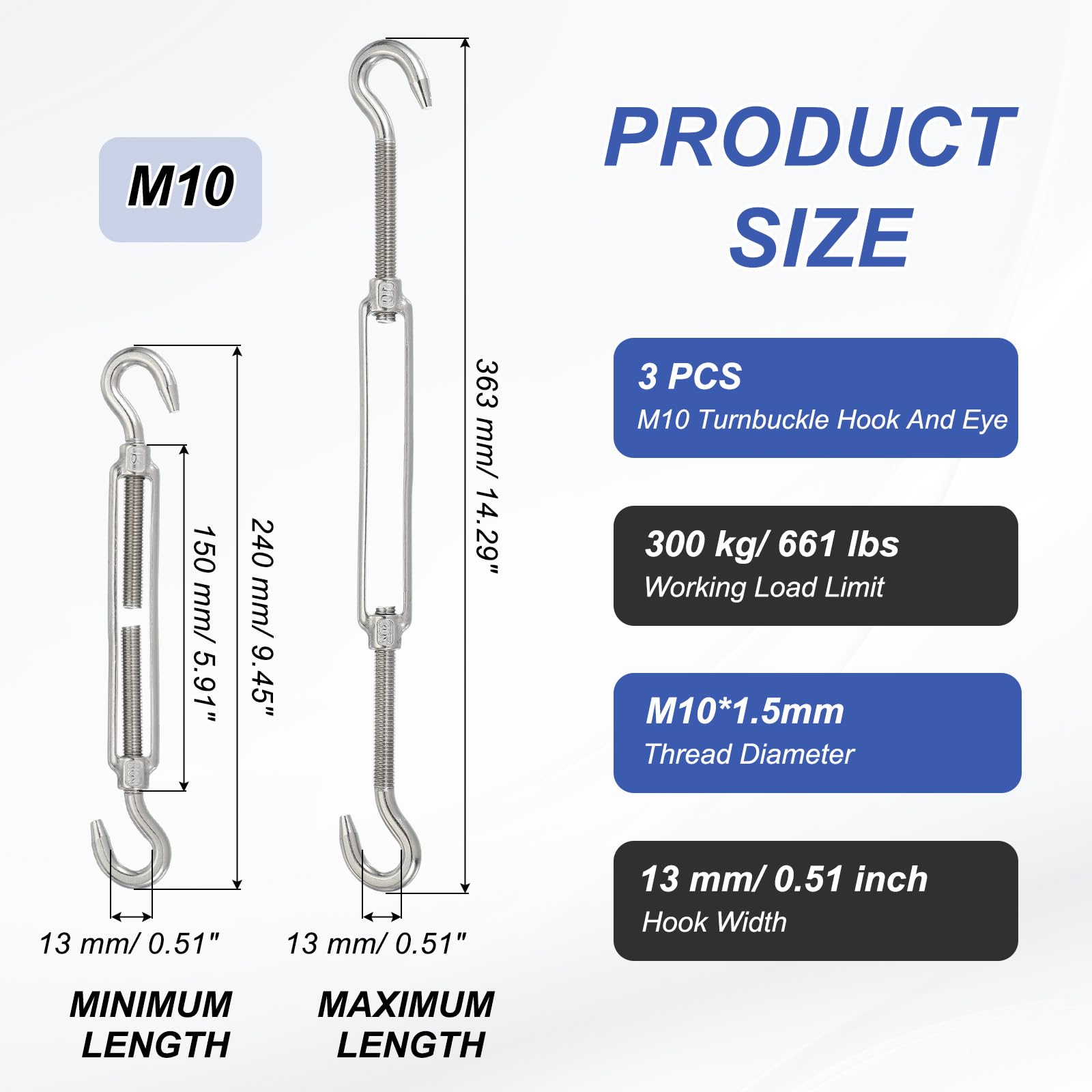 PATIKIL Tenditore M10 con gancio e gancio, 3 pezzi, in acciaio inossidabile 304, regolabile, tendicavo per ringhiere per cavi metallici, kit hardware