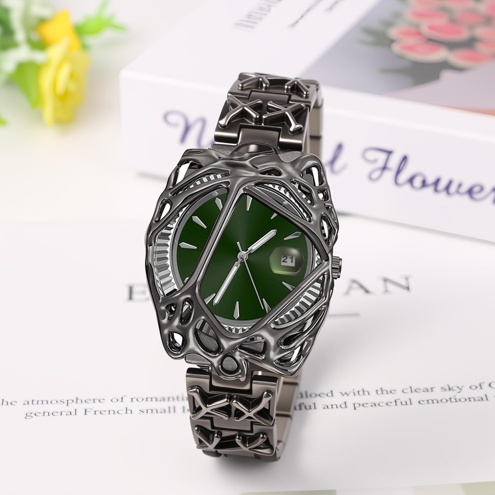 JewelryWe Orologio da uomo punk Y2K nero quadrante verde quarzo data cinturino rimovibile | Cinturino staccabile in lega, look streetwear, festival musicali, feste a tema, serate in discoteca, abiti cyberpunk