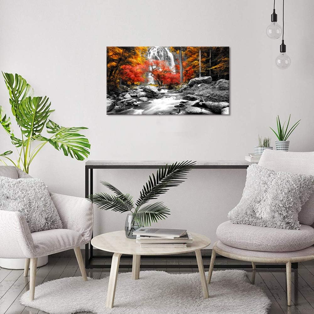 Visual Art Decor Black White Red Fall Nature Scenery Canvas Wall Art Autumn Yellow Orange Trees Forest Waterfall Lake Picture Prints for Modern Home Office Bedroom Decoration