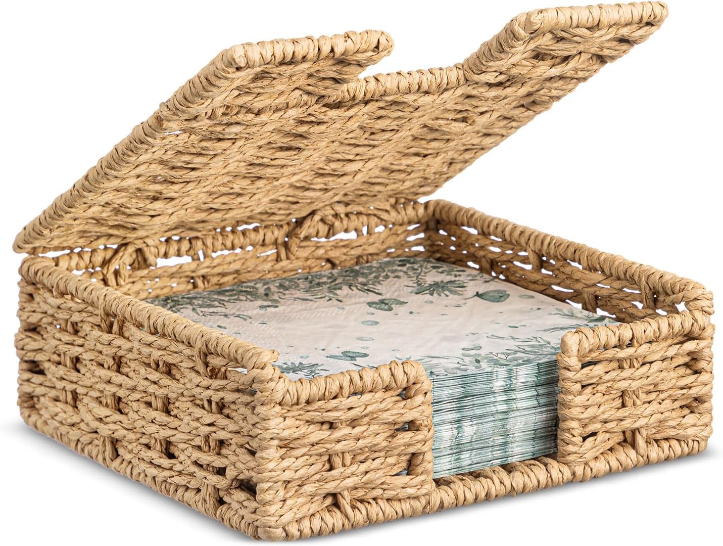 Threehoney Wicker Napkin Holder with Lid for Outdoor Picnic Table, Woven Rattan Flat Square Napkin Basket for Dinner Kitchen Camping Farmhouse, 7 x 7 Inch