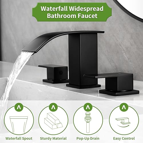 Miniatura 2 de Grifos de baño en cascada para fregadero de 3 agujeros, color negro mate, grifo de lavabo con drenaje desplegable de 8 pulgadas, grifo de lavabo