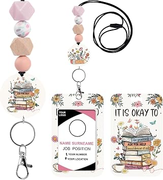 Inspirational Quote Lanyards for ID Badges, Teacher Lanyard with ID Holder, Mental Health Cute Floral Book Silicone Beaded Breakaway Keychain Accessories, Teacher Appreciation Gifts for Women