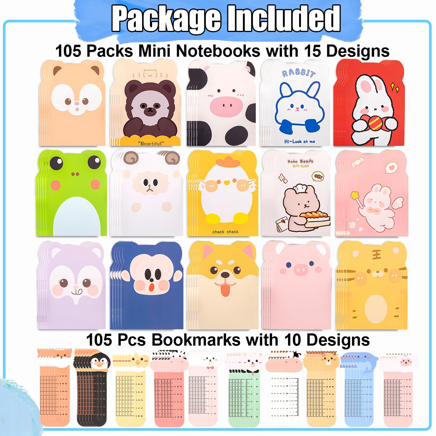 Fecuheko 105 Packs Mini Notebooks for School,Cute Animal Mini Notebooks Bulks with Animal Shaped Bookmarks for Classroom Prizes Gifts College Ruled Pages