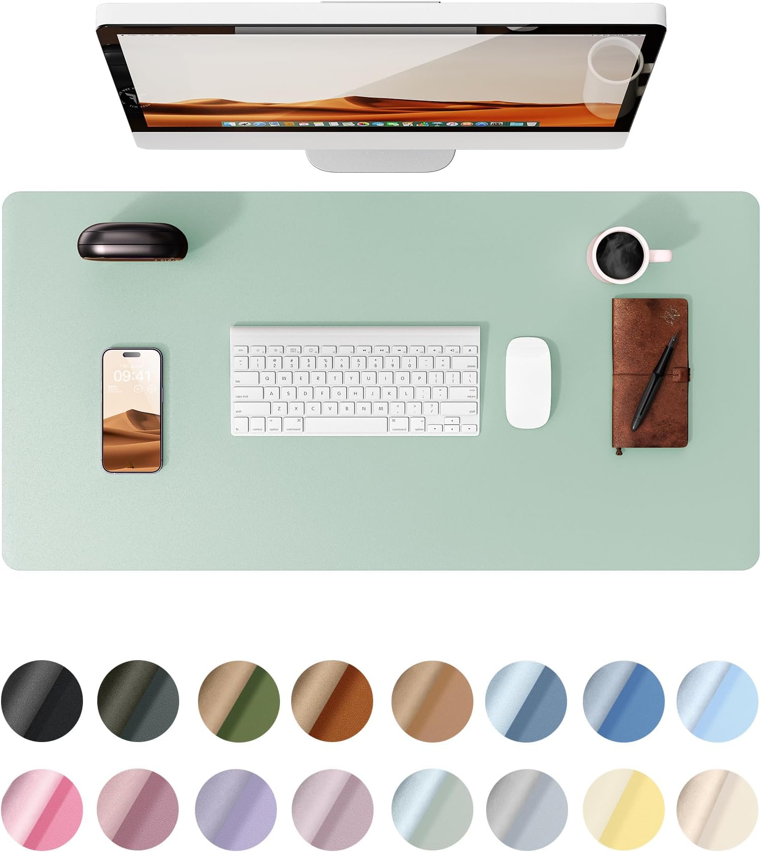 YSAGi Leather Desk Pad Protector, Office Desk Mat, Large Mouse Pad, Non-Slip PU Leather Desk Blotter, Laptop Desk Pad, Waterproof Desk Writing Pad for Office and Home (23.6" x 13.8", Pale Green)