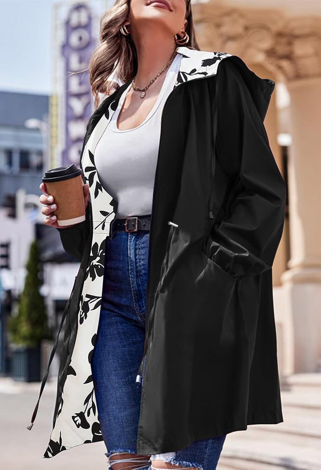 AOVDE Women's Rain Jacket Plus Size: Waterproof Raincoat Reversible Lightweight Windbreaker Jackets with Hooded - Image 3